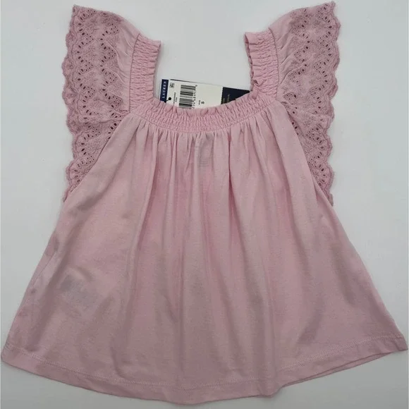 NEW Polo Ralph Lauren Top Girls 5 Pink Eyelet Embroidered Cotton Jersey Ruffle - Picture 2 of 7